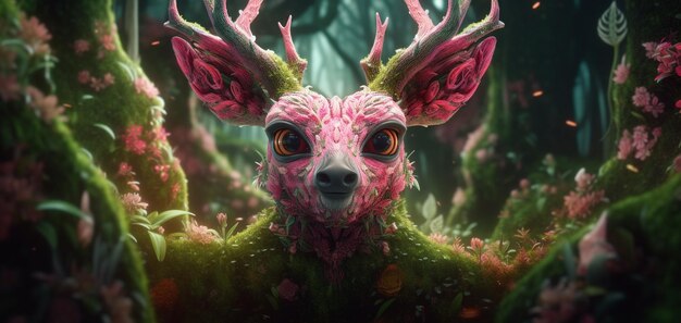 Eine rosa Kreatur mit einem grünen Geweih und einem rosa Kopf mit einem großen Horn und einem rosa Kopf mit einem großen Geweih.