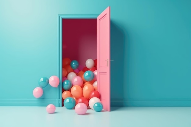 Eine rosa offene Tür mit bunten Luftballons
