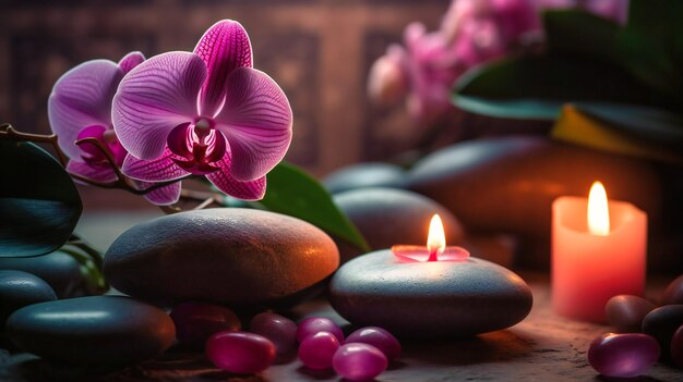Eine rosa Orchidee inmitten von Steinen mit Kerzen, die den Hintergrund erhellen