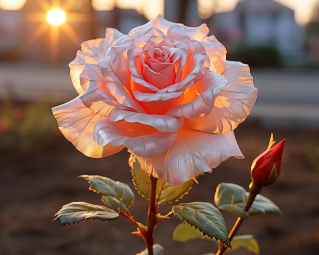 Eine rosa Rose blüht vor einem Haus, hinter dem die Sonne untergeht