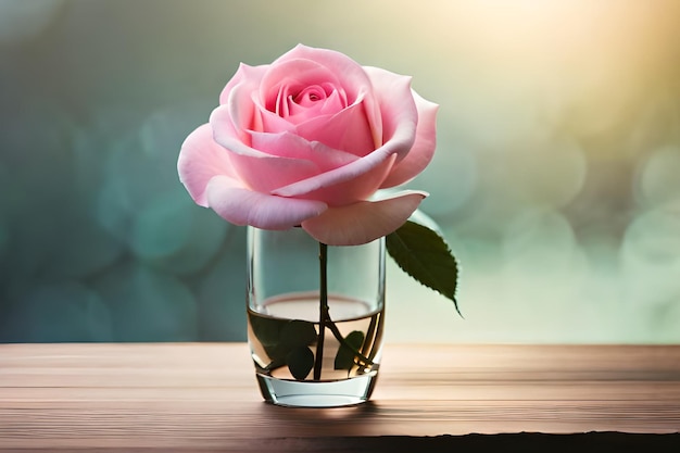 Eine rosa Rose in einem Glas auf einem Holztisch