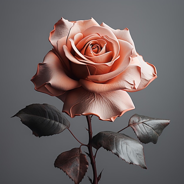Eine rosa Rose mit Blättern und Blättern im Hintergrund