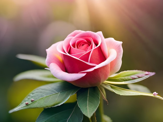 Eine rosa Rose mit einem grünen Blatt im Hintergrund