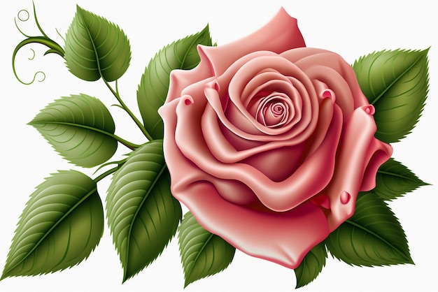 Eine rosa Rose mit grünen Blättern und einem weißen Hintergrund.