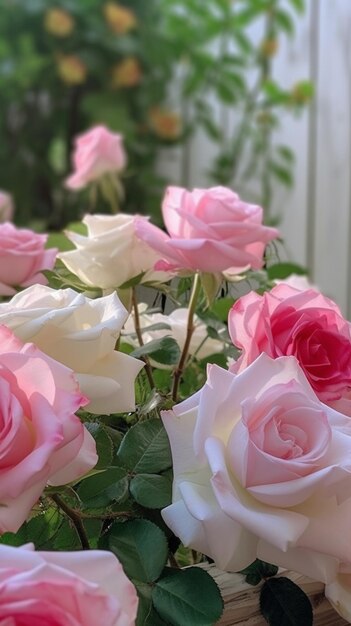 Eine rosa Rose steht in einem Topf mit einem weißen Zaun im Hintergrund.