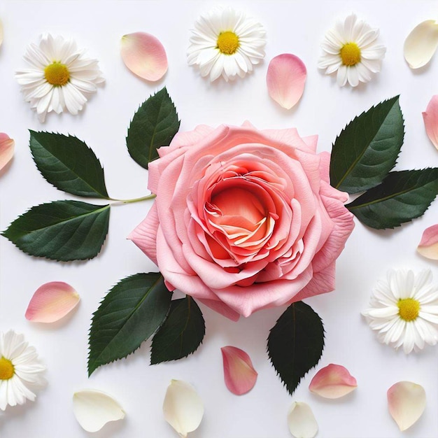 Eine rosa Rose, umgeben von Gänseblümchen und Gänseblümchen