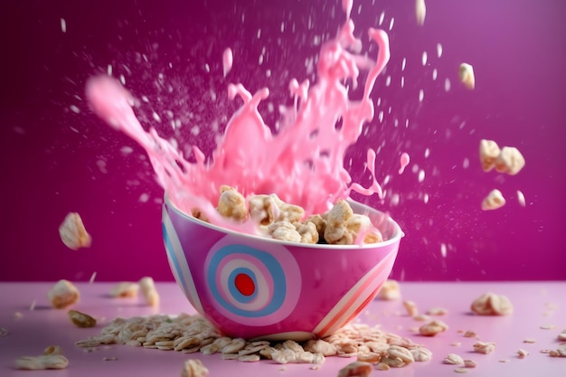 Eine rosa Schüssel mit Müsli und Erdbeermilch