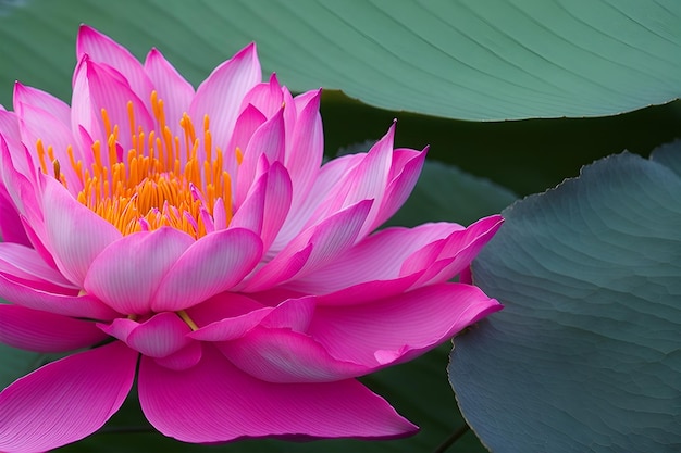 Eine rosa Seerose mit grünen Blättern und einer gelben Mitte.