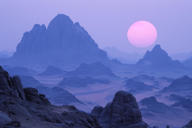 Eine rosa Sonne geht über eine lila Wüstenlandschaft unter
