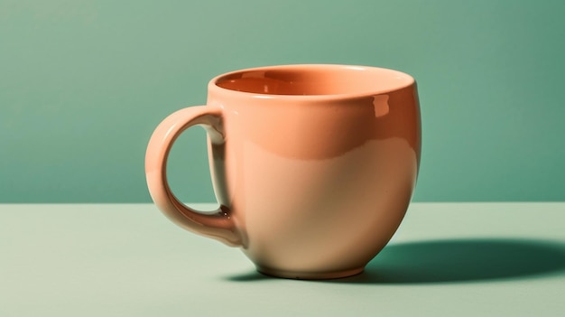 Eine rosa Tasse auf einem grünen Tisch mit blauem Hintergrund.