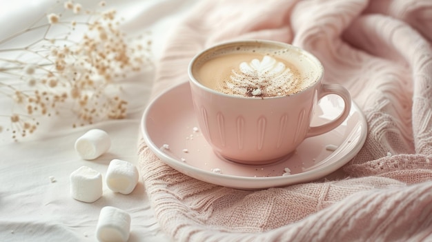 Eine rosa Tasse Cappuccino mit Marshmallows