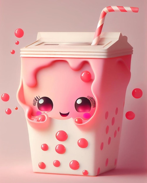 Eine rosa Tasse mit einem Strohhalm, auf dem „Milchshake“ steht.