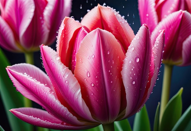 Eine rosa Tulpe, die mit zarten Tropfen geschmückt ist, die die Schönheit ihrer weichen Blütenblätter unterstreichen
