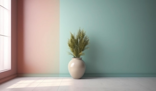 Eine rosa und blaue Wand mit einer Pflanze in einer Vase.