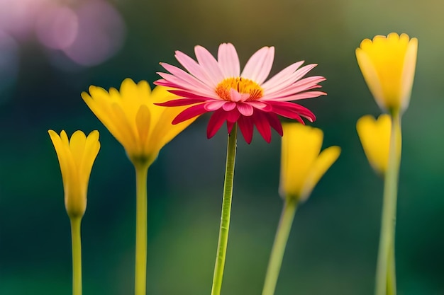 eine rosa und gelbe Blume mit gelben Blütenblättern und der rosa Blume in der Mitte