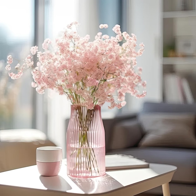 Eine rosa Vase voller rosa Blumen auf einem Tisch