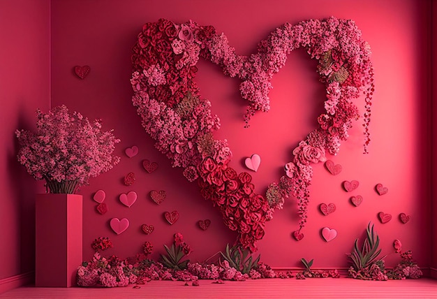Eine rosa Wand mit einem romantischen Herzen mit Blumen darauf