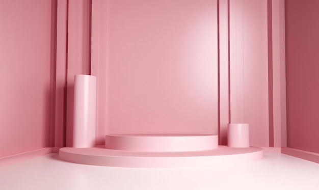 Eine rosa Wand mit einem runden Tisch in der Mitte.