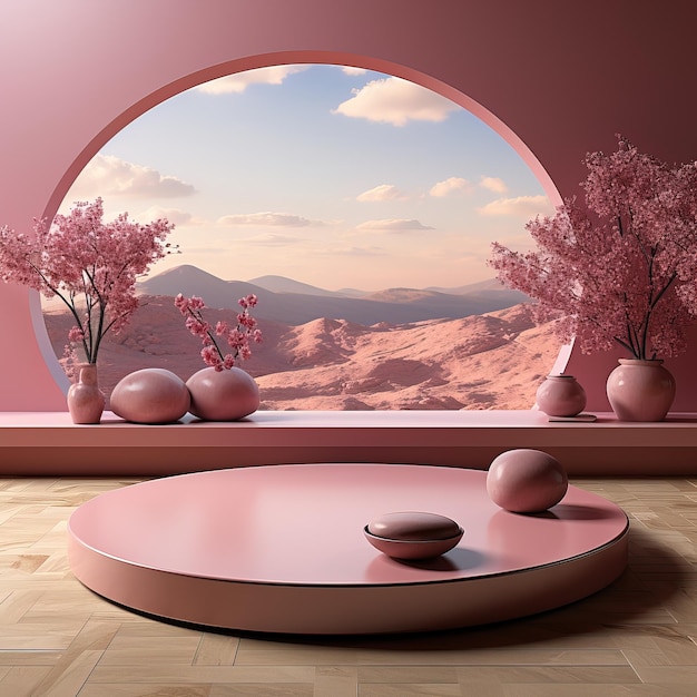 eine rosa Wand mit einer rosa Wand und einem runden Tisch mit einer Vase und Blumen darauf