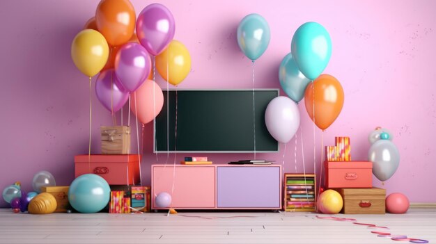 Eine rosa Wand mit Luftballons und einem Fernseher, auf dem „Geburtstag“ steht