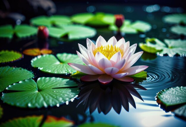 eine rosa Wasserlilie sitzt auf einer Oberfläche mit Lilienblättern