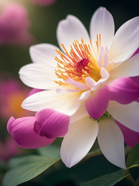 Eine rosa-weiße Blume mit gelber Mitte blüht