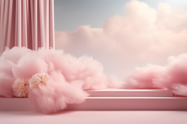 eine rosa Wolke vor einem Fenster mit rosa Vorhängen.