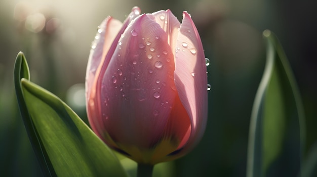 Eine rosafarbene Tulpe mit Wassertröpfchen darauf