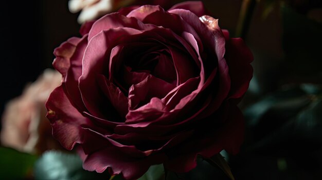 Eine Rose in einer Vase mit dunklem Hintergrund und einer dunkelroten Rose.