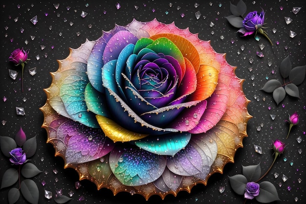 eine Rose mit einem regenbogenfarbenen Diamanten schwarzen Hintergrund
