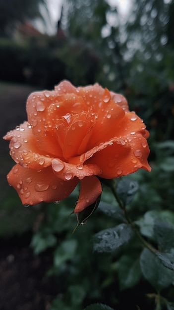 Eine Rose mit Wassertropfen darauf im Regen.