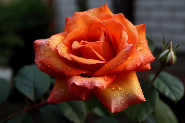 Eine Rose mit Wassertropfen darauf