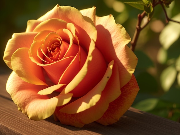 Eine Rose steht auf einem Holzgeländer im Garten.