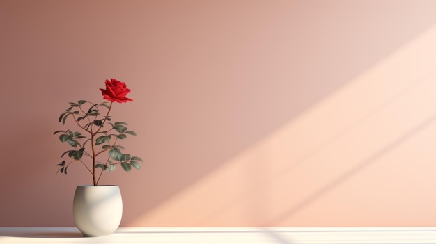 Eine Rose steht mitten in einem leeren Raum und schafft ein fesselndes Bild des abstrakten Minimalismus. Dieses Foto im Stil des verspielten Minimalismus zeigt die Schönheit der Einfachheit. mit einem Resol