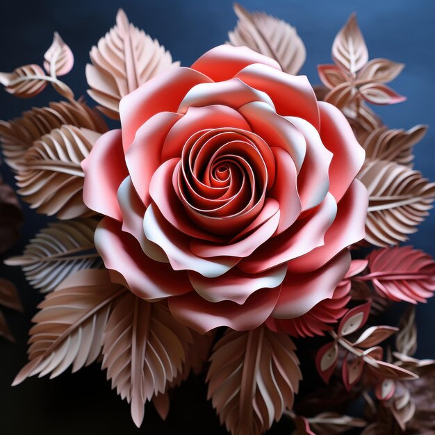 Eine Rosenblume mit Blättern, die mit Origami- oder Kirigami-Papier gestaltet wurden, japanisches Handwerk