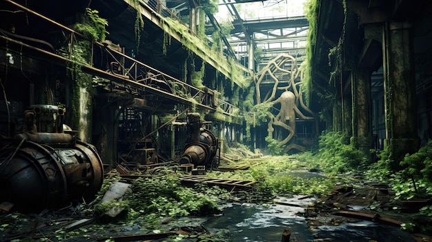 Eine rostige, verlassene Fabrik durchläuft eine stille Transformation. Von der Natur zurückerobert, verrostet, verfallenes, überwuchertes, verlassenes Bauwerk, generiert von KI