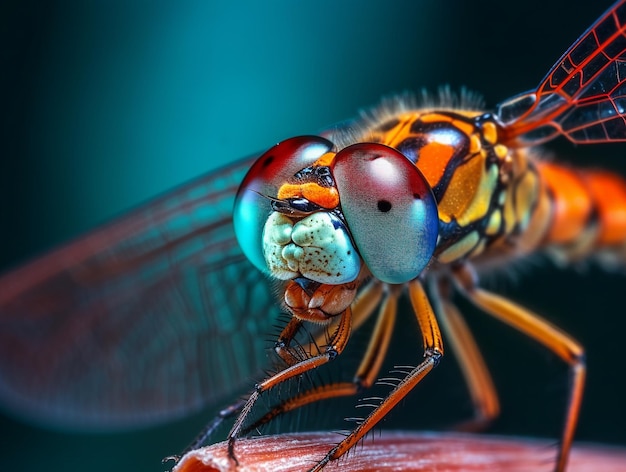 Eine rot-blaue Libelle sitzt auf einem Stück Holz.