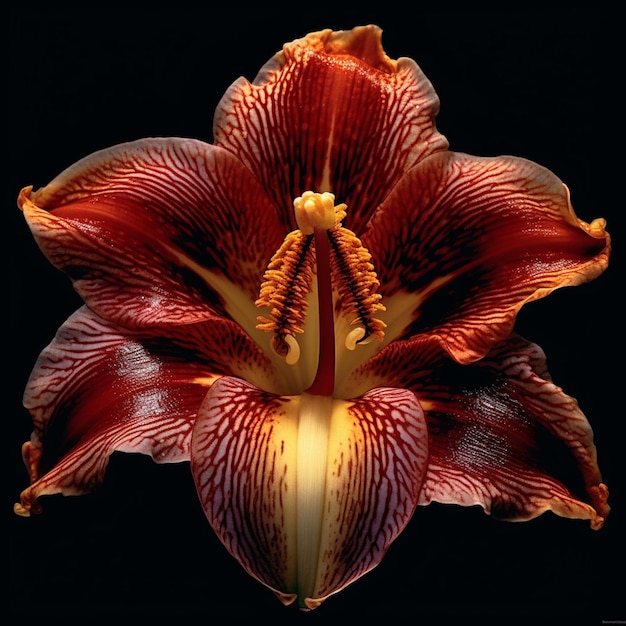 Eine rot-braune Blume mit einem großen Staubblatt und einem großen Staubblatt.