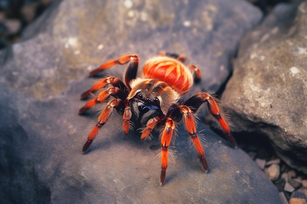 Eine rot-schwarze Spinne ist auf einem Felsen.