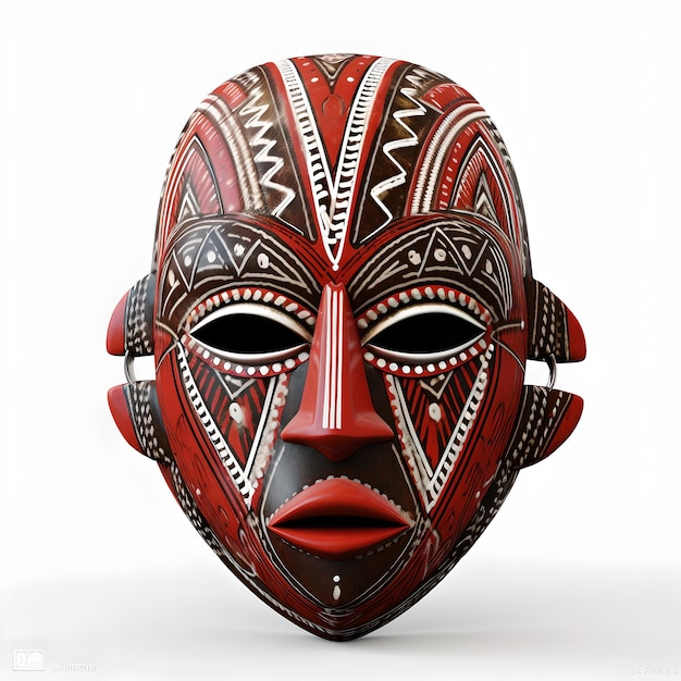Eine rot-weiße Maske mit silbernem Muster und silbernem Gesicht