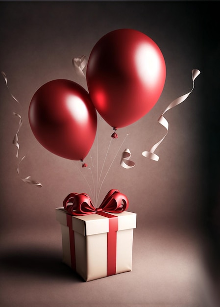 Eine rot-weiße Schachtel mit einem roten Luftballon und einer Schleife mit der Aufschrift "Happy Birthday".