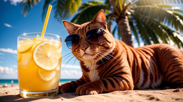 Foto eine rotbraune katze mit sonnenbrille liegt unter einer palme am meeresstrand und trinkt ein glas limonade. generative ki