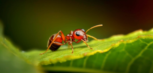 Eine rote Ameise sitzt auf einem grünen Blatt.