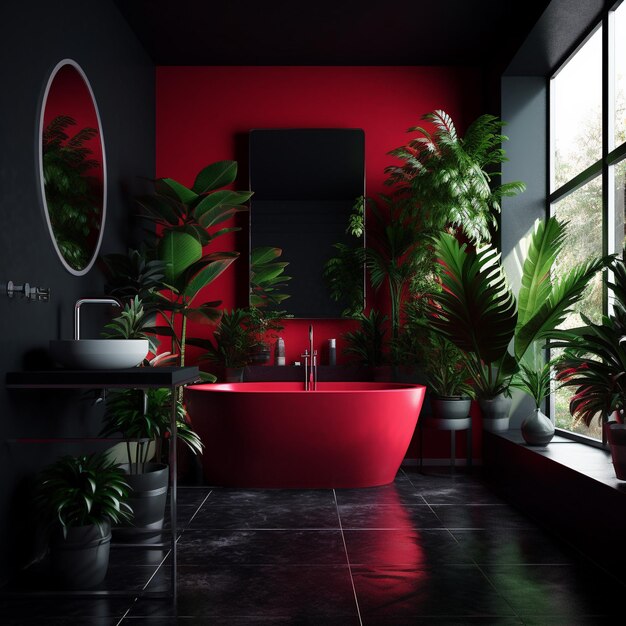 eine rote Badewanne mit Pflanzen und eine rote Badwanne in der Mitte.