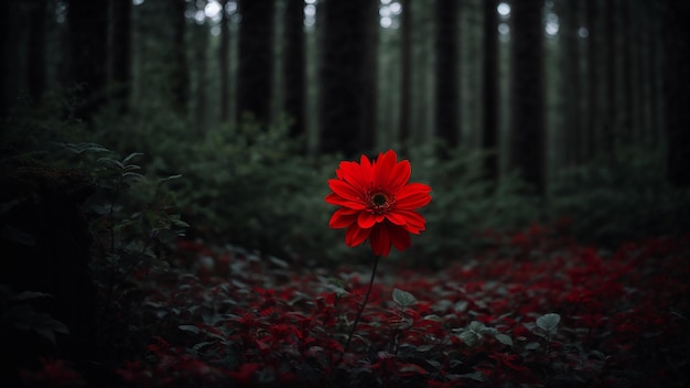 Eine rote Blume in einem dunklen Wald