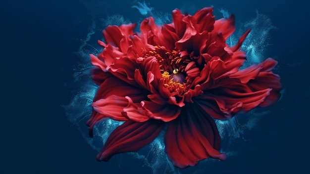 Eine rote Blume mit blauem Hintergrund und einem blauen Ba