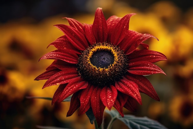 Eine rote Blume mit einer gelben und einer schwarzen Mitte.