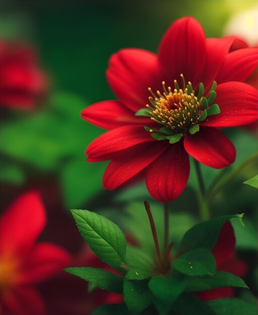 eine rote Blume mit gelben und grünen Blättern