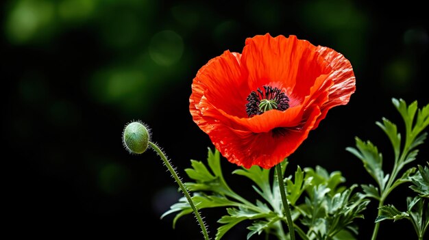 eine rote Blume mit grünem Hintergrund und einem grünen Ball in der Mitte