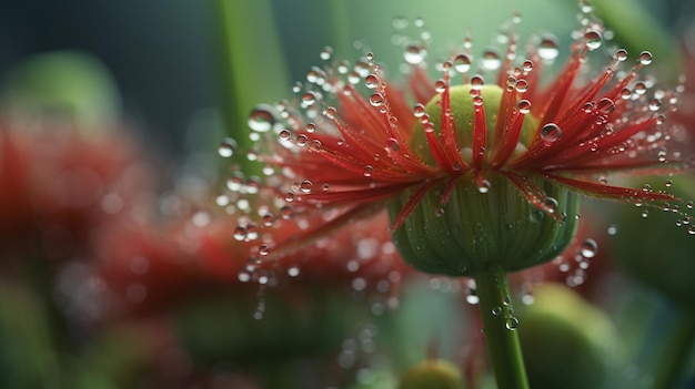 Eine rote Blume mit Wassertropfen darauf